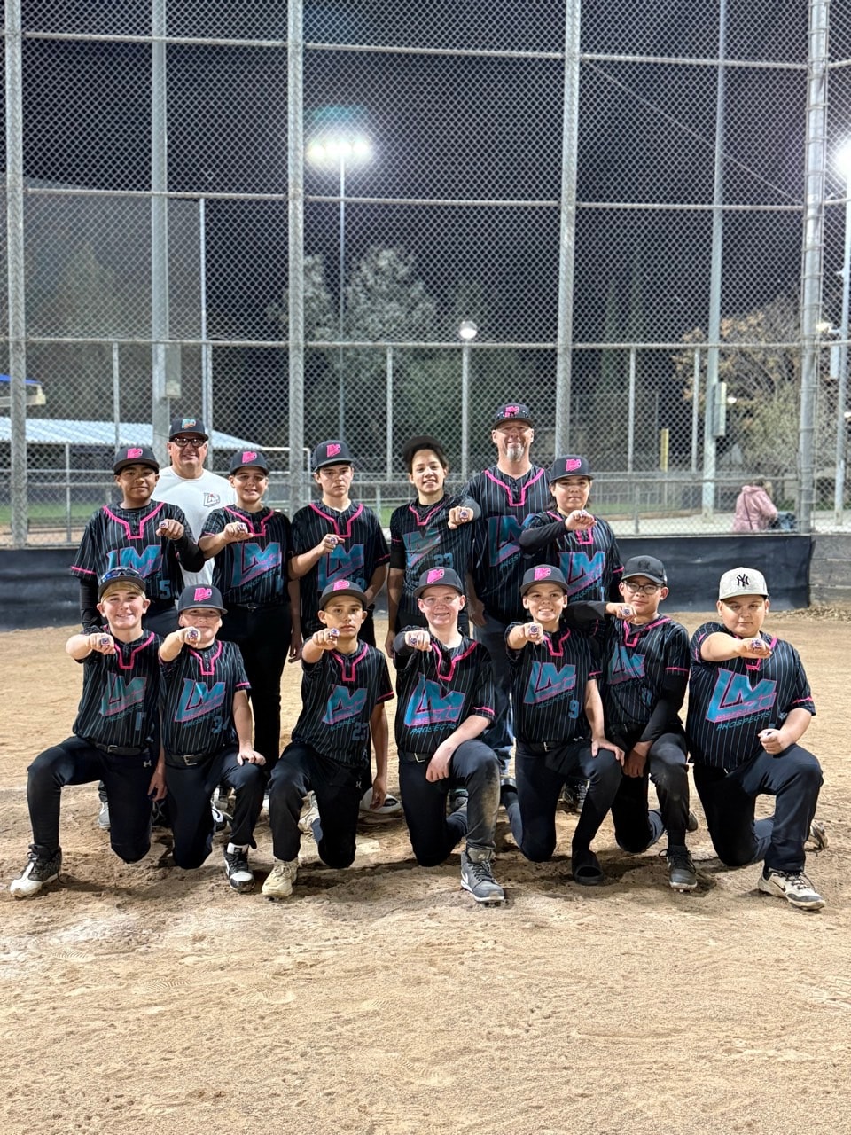 LMB 14U Prospects championship team in pinstripe uniforms